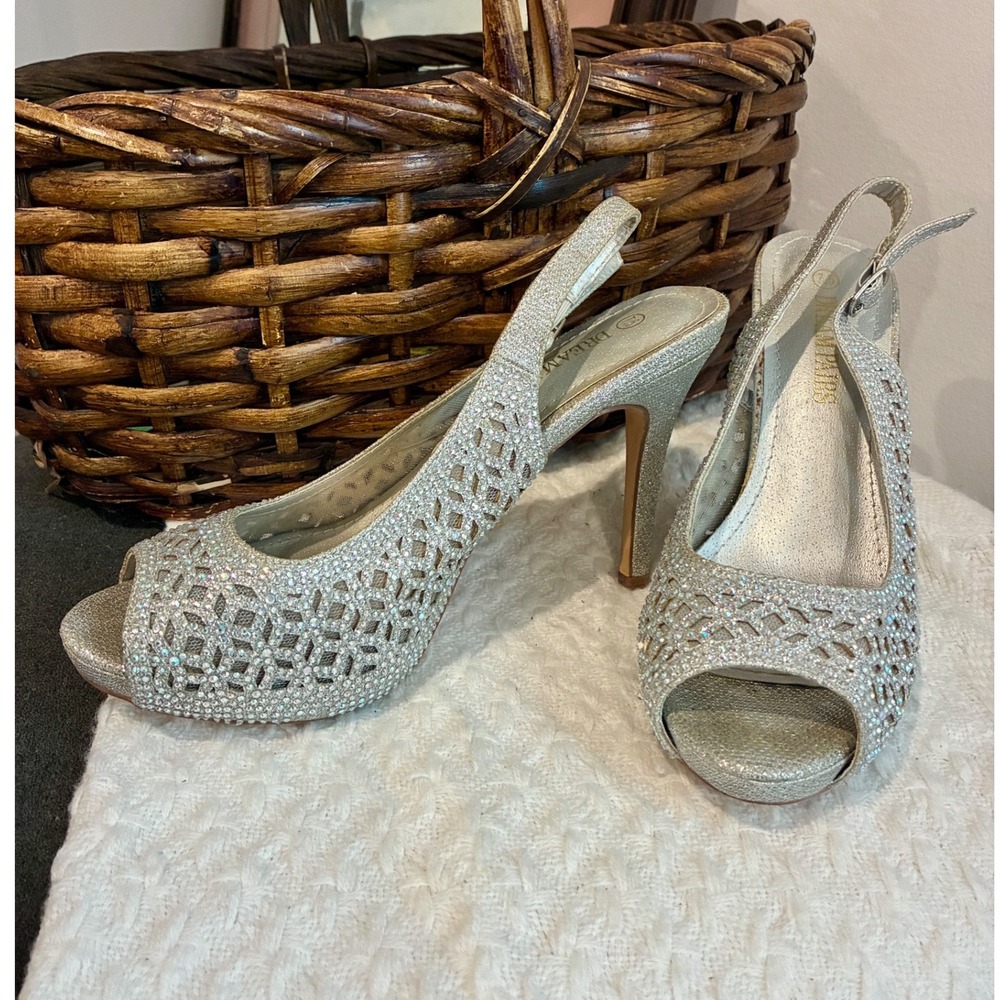 Dream Pairs Silver Rhinestone Glitter Platform Heels Peep Toe Slingback 7.5